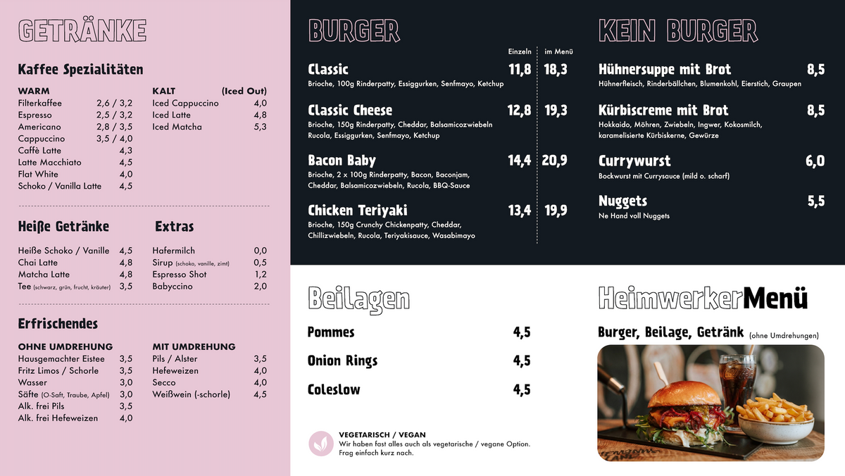 Speisekarte des Cafés im Kliemannsland mit Kaffee, Burgern und Beilagen