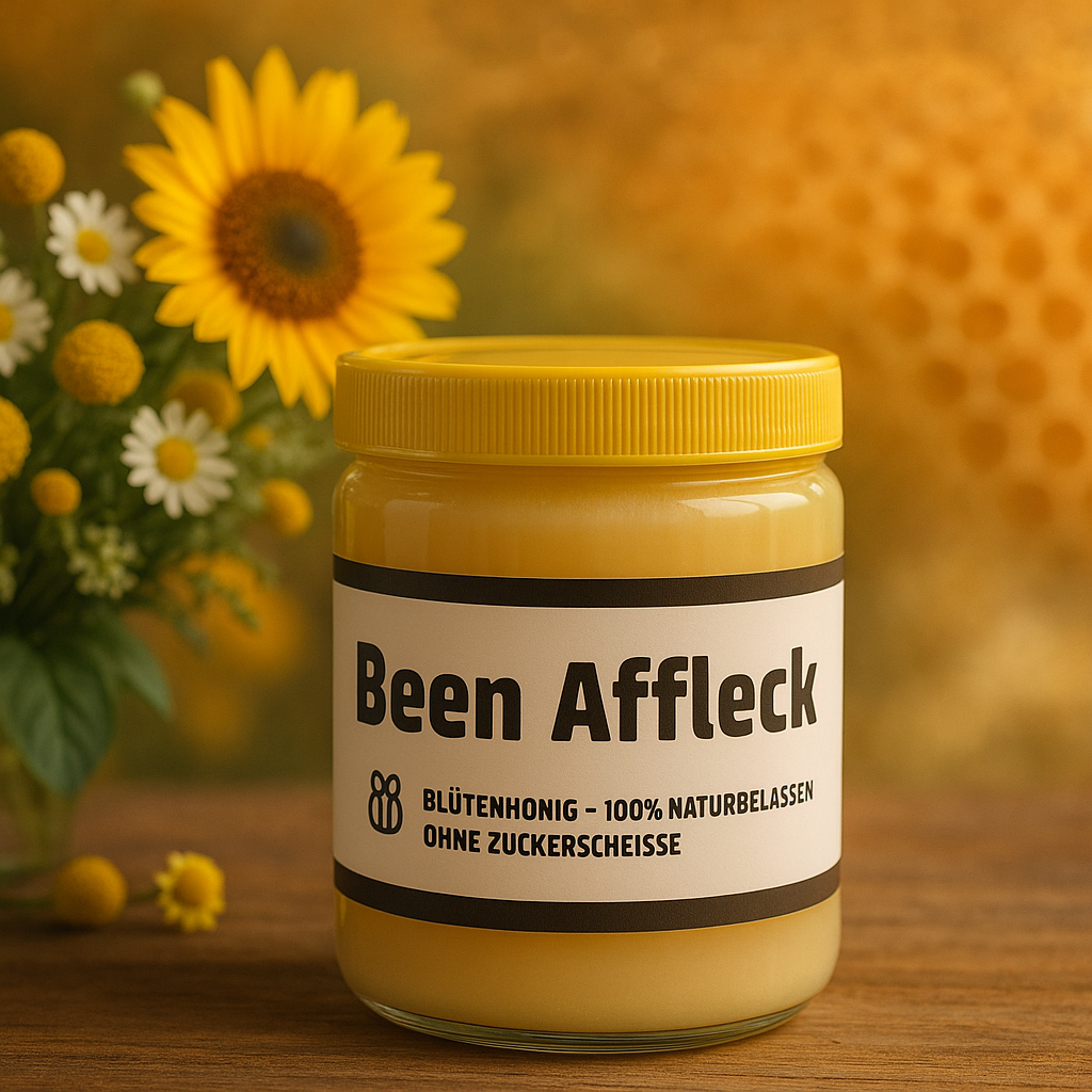 Glas Kliemannsland Blütenhonig Been Affleck vor Sonnenblumen