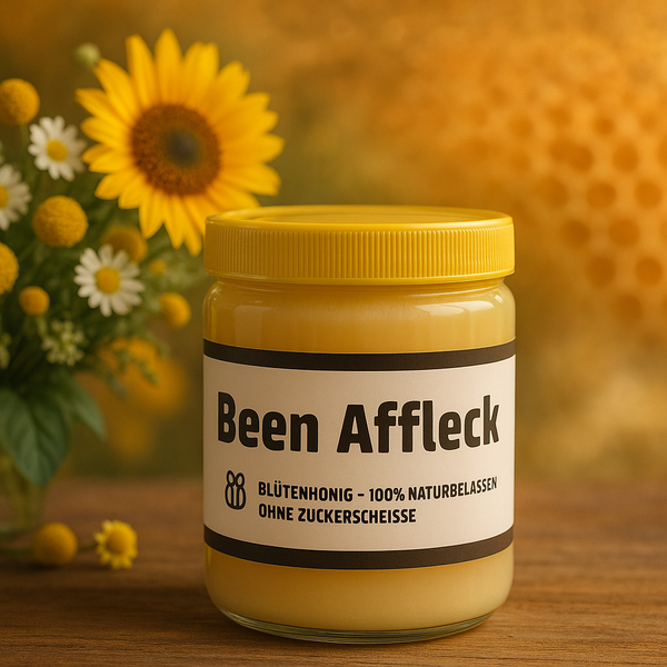 Glas Kliemannsland Blütenhonig Been Affleck vor Sonnenblumen